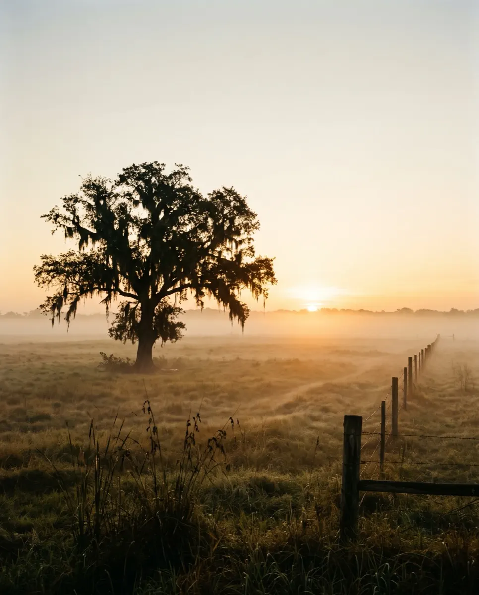 Dawn mist over Okeechobee pasture land, a lone oak at sunrise